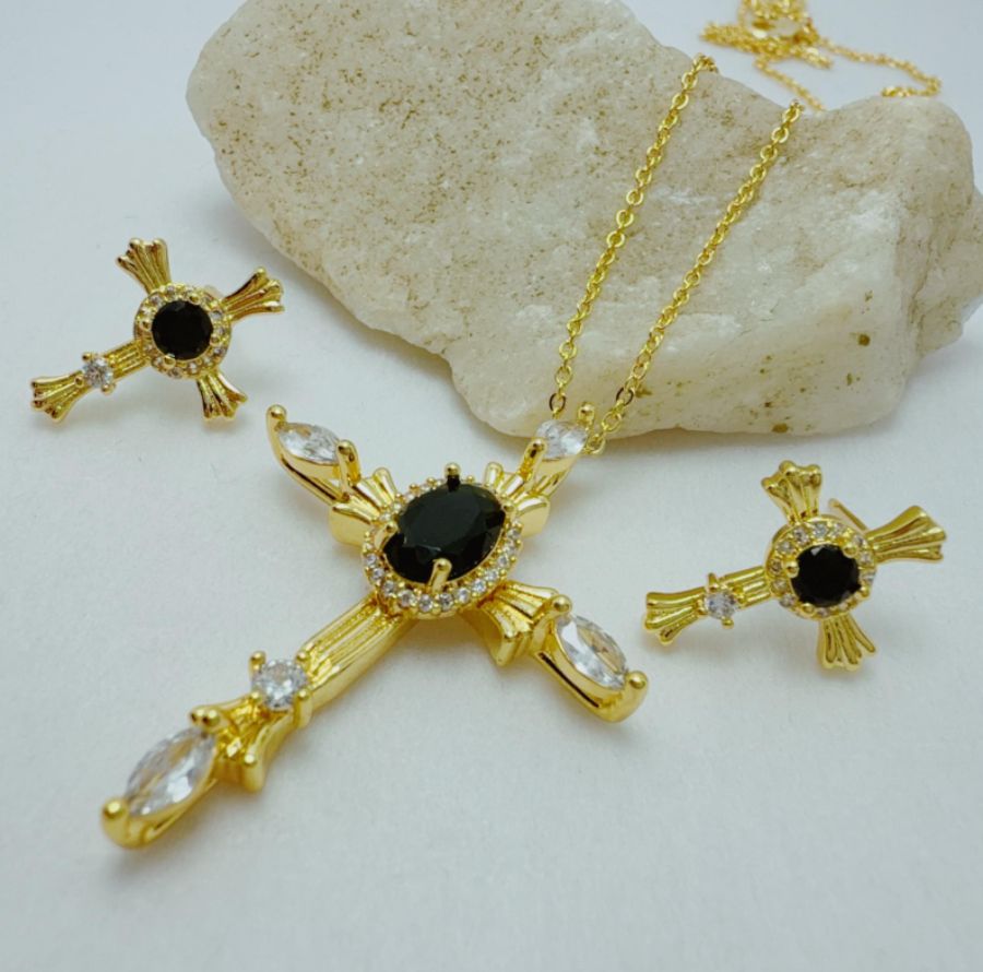 Collar y aretes en rodio religioso
