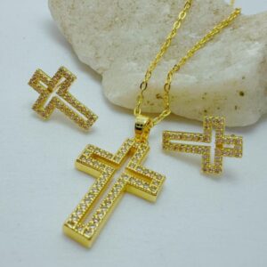 Collar y aretes en rodio religioso