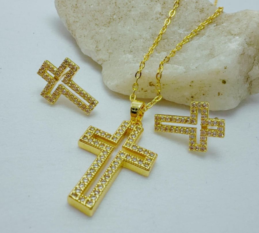 Collar y aretes en rodio religioso