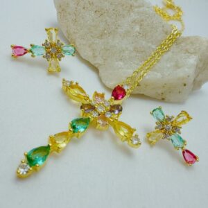 Collar y aretes en rodio religioso